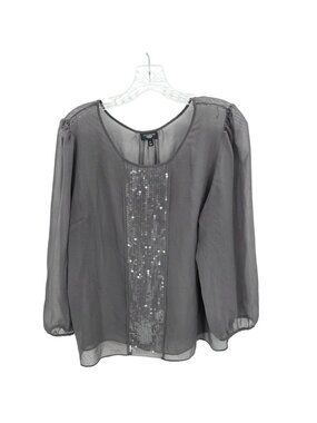 Talbots Blouse Womens 14P Gray Sequin Sheer Chiffon Party Top Holiday Evening